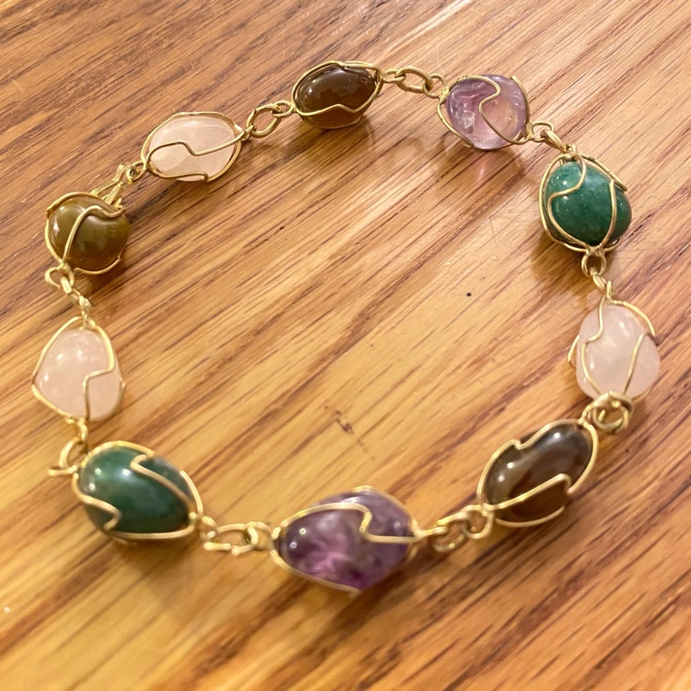 Natural Various Multicolored Stones Bracelet- Metal gold Plated